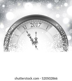 Illustration 2017 New Year Midnight, Snowing Background with Clock - Vector