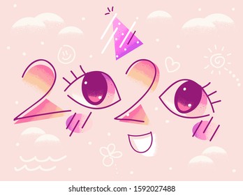 Illustration of 2020 Design with Happy Face and a Party Hat