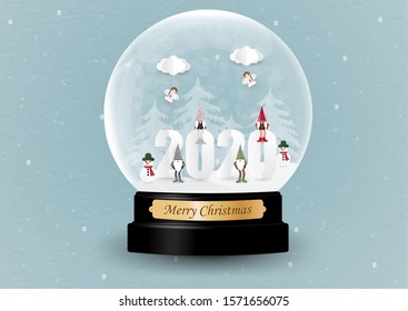 Illustration of 2020 happy new year glass globe ,   with nisses family around . paper art and cut style.paper art and cut style.