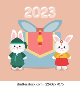 illustration 2023 Gyemyo New Year's with the image of a rabbit depicting a boy and a girl in hanbok clothes on the background of a traditional Korean gift with the numbers 2023. Hares in hanbok costum