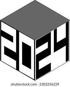 illustration of 2024 text black and white in a cube