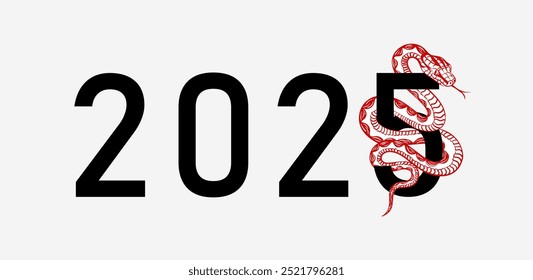 Illustration of 2025 black number text with coiled snake for Chinese New Year or Christmas. Red linear reptile with decorated scaled skin as decor element for cards, posters, sticker, calendar, etc