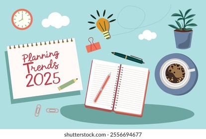 Illustration 2025 goals Text on Note Pad. 2025 new year goal planning concept. Setting New Year resolution, goals, plans, to-do list.