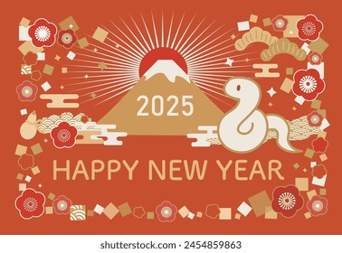 Illustration of 2025 New Year's card with illustration of Mt. Fuji and snake