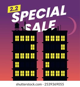 Illustration of an 2.2 Special Sale night cityscape. Two tall buildings with glowing windows form the number '22' against a purple evening sky, adding a unique urban flair.