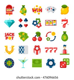Illustration of 25 flat icons on white background. Gambling, casino, money, roulette, poker. Set of design Elements of casino and gambling.