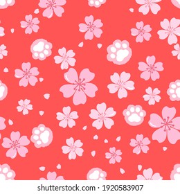 Seamless​ ​pattern​ with​ sakura​ ​flower​ and​paw​ print​ on​ ​red​ ​background​ vector​ 
 illustration.