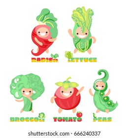 Cute (kawaii) vegetable set. Tomato, lettuce, peas, radish and broccoli. Cartoon style. Kids  illustration