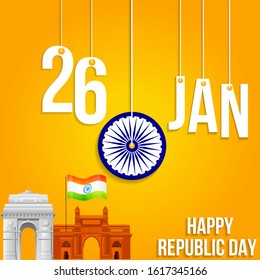 illustration of 26th January happy  republic day of India  vector creative poster background with indian flag and gateway of india and india gate.