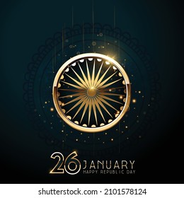 illustration of 26th January republic day of India  vector creative poster background with Golden Ashok chakra (golden wheel) .