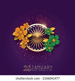 illustration of 26th January republic day of India  vector creative poster background with Golden Ashok chakra (golden wheel) and colorful flowers .