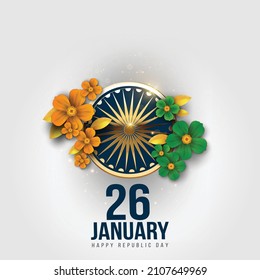 illustration of 26th January republic day of India  vector creative poster background with Golden Ashok chakra (golden wheel) and colorful flowers .