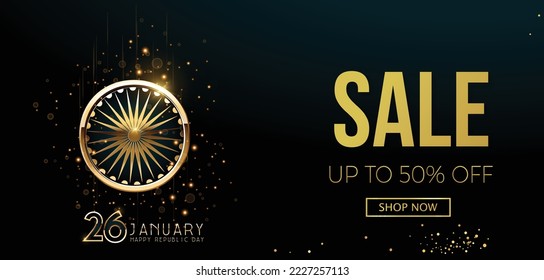 illustration of 26th January republic day of India  Sale vector creative poster background with Golden Ashok chakra (golden wheel) .