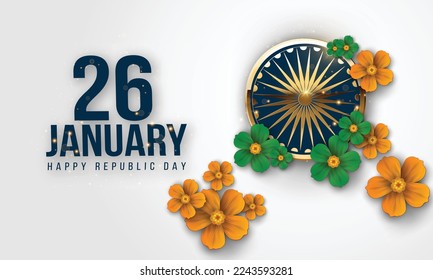 illustration of 26th January republic day of India  vector creative poster background with Golden Ashok chakra (golden wheel) and colorful flowers .