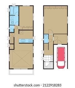 Ilustración 2LDK + DIN del piso de una casa unifamiliar y una casa independiente. Aparcamiento, boceto casero, color.