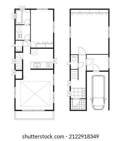 Illustration 2LDK + DIN of the floor plan of a single-family house and a detached house. Parking lot, home sketch, black and white.