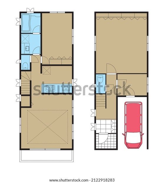 Illustration 2LDK + DIN of the floor plan of a\
single-family house and a detached house. Parking lot, home sketch,\
color.