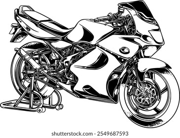 Eine Illustration einer 2-Takt Verkleidung Motorrad Lenker, mit schlanken und fetten Details entworfen. Dieses Kunstwerk eignet sich perfekt als Symbol, Logo oder Emblem für Motorradwerkstätten, Clubs oder Liebhaber, 