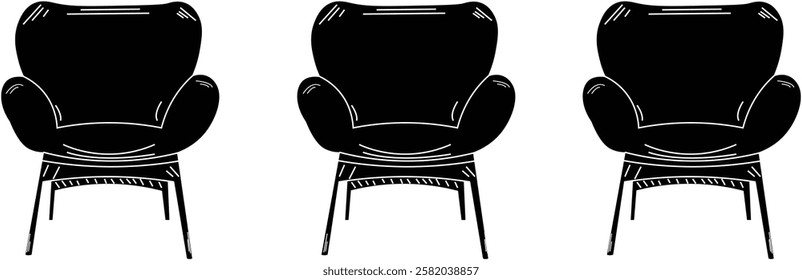 the illustration of 3 chairs that face up front.