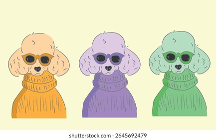 illustration of 3 colorful dogs with cute colors and delicate strokes, colorful sunglasses and light yellow background