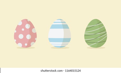 Illustration of 3 Easter eggs with poke dots and stripes with shadow at bottom