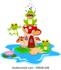 Illustration of 3 frogs on a mushroom