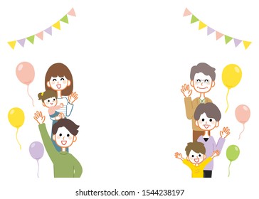 Illustration of a 3 generation family. A fun image with balloons and flag decorations.