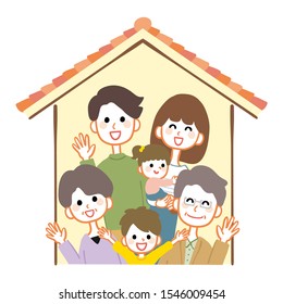 Illustration of a 3 generation family and a house.