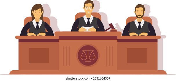 Illustration of 3 judges conducting a trial. Illustration for landing page and mobile app