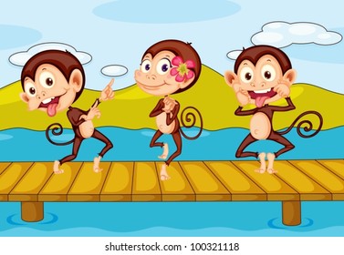 illustration of 3 monkeys dancing on a pier