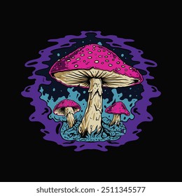 illustration of 3 mushrooms with bright and psychedelic colors