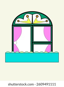illustration of 3 panel window with little balcony