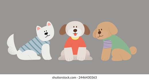 Ilustración de 3 cachorros con ropa