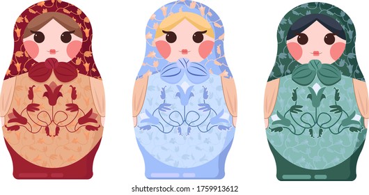 Illustration with 3 russian wooden dolls Matryoshka, russian style, cute souvenirs