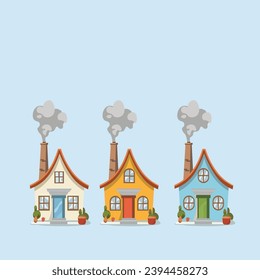 ilustración de 3 casas sencillas con chimeneas humeantes