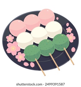 Ilustración de 3 palos de dango de tres colores en una placa negra con flores de cerezo color sin contorno
