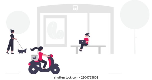 Illustration Of 3 Women Near Bus Stop With Laptop, Pet Dog And Riding Motorbike. Vector Illustrations