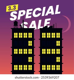 Illustration of an 3.3 Special Sale night cityscape. Two tall buildings with glowing windows form the number '33' against a purple evening sky, adding a unique urban flair.