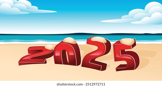 Illustration of 3D 2025 numbers set against a sunny beach backdrop with sand and sea