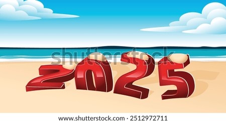 Illustration of 3D 2025 numbers set against a sunny beach backdrop with sand and sea