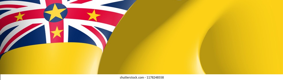 illustration 3d festive banner with state flag of The Republic of Niue. Card with flag and coat of arms Happy Republic of Niue Day 2018. picture banner October 16 of foundation day