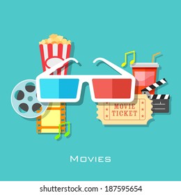 illustration of 3d glasses with film stripe and pop corn