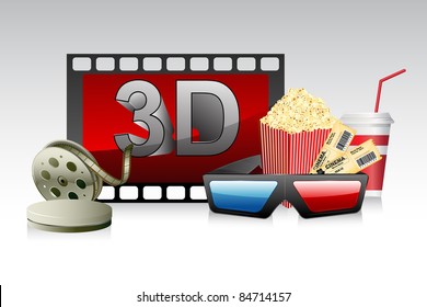 illustration of 3d glasses with film stripe and pop corn
