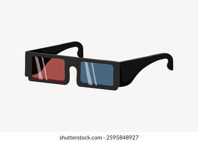 Illustration of 3D glasses with red and blue lenses. Black frame, 3D glasses design. Classic 3D glasses for movies and virtual reality experiences. Vintage vector illustration.