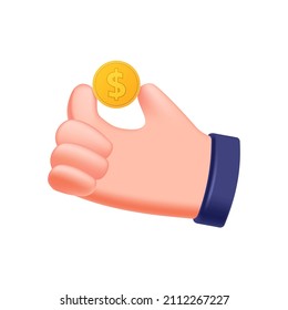 Illustration Of A 3D Hand Holding A Dollar Coin, The Concept Of Money, Business, Finance, Market Trade, A Symbol Of Financial Abundance And Prosperity. Isolated On A White Background. 3D Vector
