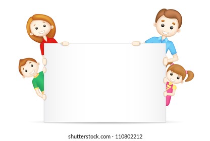 illustration of 3d happy family in vector peeping behind blank board