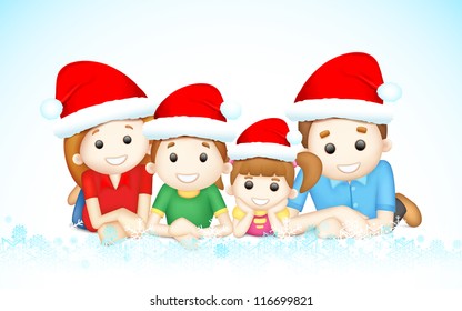 illustration of 3d happy family in vector wearing Santa cap laying on floor