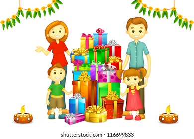 illustration of 3d happy family in vector with Diwali gift and Diya