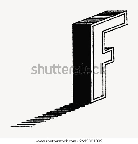 Illustration of a 3D letter 'F' casting a shadow. The letter 'F' stands out with bold lines. The shadow of the letter 'F' adds depth. Monochrome design. Vintage font isolated vector.