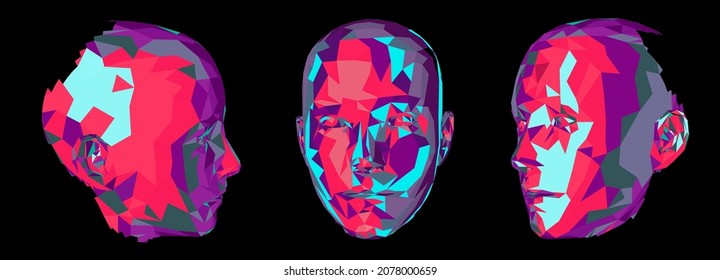 Illustration of a 3D low poly models of a human head. Concept for Machine Learning, Artificial intelligence and Robotics themes.